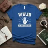 WWJD He Would Love First Christian t-shirt design featuring bold lettering, a hand symbol, and inspirational quote