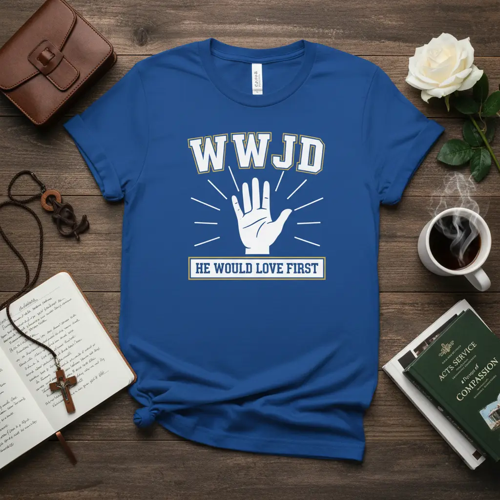 WWJD He Would Love First Christian t-shirt with hand graphic and inspirational message, perfect for faith-based apparel