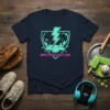 Navy t-shirt with a teal lightning bolt and water splash graphic above the pink text WWW.THEDISTRACT.COM
