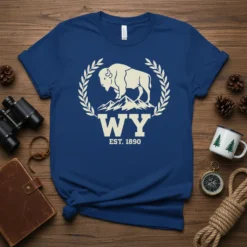 Wyoming WY Est. 1890 t-shirt design with a bison on a mountain, surrounded by a laurel wreath