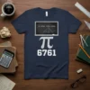 Navy t-shirt with a blackboard graphic displaying the equation X = 6761 6761 = 6761 and a large Pi symbol