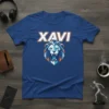 Xavi Lion Graphic T-Shirt featuring the name XAVI above a stylized blue and orange lion head design