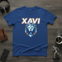 Xavi Lion Graphic T-Shirt featuring the name XAVI above a stylized blue and orange lion head design