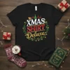 Black t-shirt with "XMAS SHIRT Deluxe" text in festive colors, surrounded by holly and Christmas lights