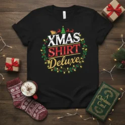 Black t-shirt with "XMAS SHIRT Deluxe" text in festive colors, surrounded by holly and Christmas lights