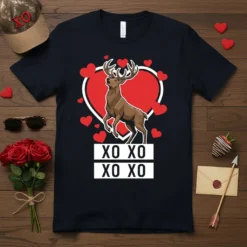 XO XO XO XO Valentine's Day t-shirt design with a geometric deer and red hearts