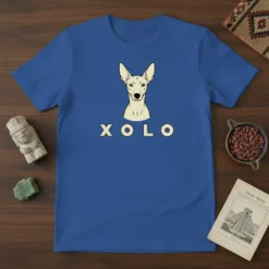 Xolo Dog Breed graphic tee featuring a headshot of a Mexican Hairless dog and the text "XOLO" below