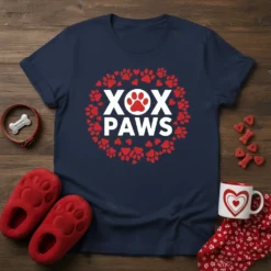 Navy t-shirt with "XOX PAWS" text in white, surrounded by a circular pattern of red paw prints and hearts
