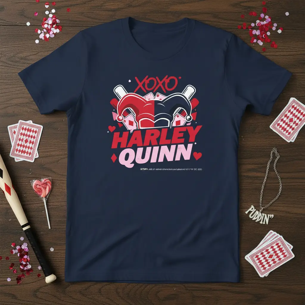 XOXO Harley Quinn text design with jester hat graphic and heart accents on a navy t-shirt