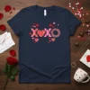 Navy blue t-shirt with "XOXO" design featuring hearts and stripes, perfect for Valentine's Day
