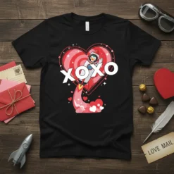 XOXO Penguin Rocket Valentine's Day T-Shirt design featuring a penguin in a spacesuit launching from a rocket with hearts and
