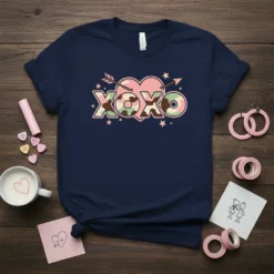 XOXO text with camo print and heart graphic, arrows piercing through, on a navy blue t-shirt