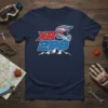 Navy blue t-shirt with white, red, and blue XR 200 motocross helmet and mountain graphic