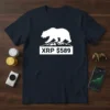 Dark navy t-shirt featuring a white graphic of a bear on mountains with "XRP $589" text below, for XRP investors