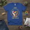 XXII The Ally T-Shirt featuring diverse hands holding a rainbow heart, surrounded by flowers and stars