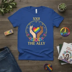 XXII The Ally T-Shirt featuring diverse hands holding a rainbow heart, surrounded by flowers and stars