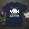 Y2K 00:00:01 Survivor text design with retro digital font on a navy t-shirt