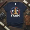 YAAM t-shirt design featuring the Brooklyn Bridge landmark with American flag elements and text YAAM