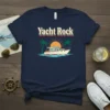 Yacht Rock t-shirt design featuring a retro sunset, palm trees, and a classic motor yacht graphic