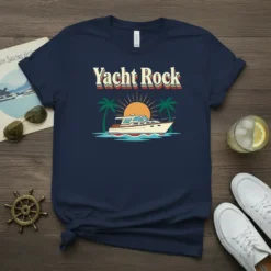 Yacht Rock t-shirt design featuring a retro sunset, palm trees, and a classic motor yacht graphic