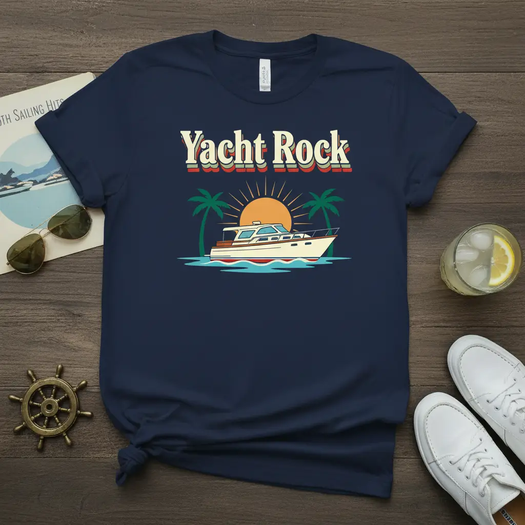 Yacht Rock t-shirt with vintage sunset, palm trees, and motor yacht design