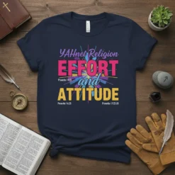 Navy t-shirt with "YAHnet Religion Effort and Attitude" in colorful text, including scripture references Proverbs 14:23 and 17:22-28