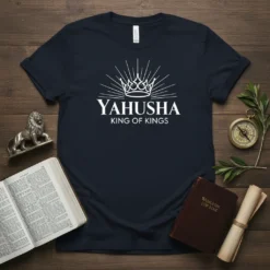 Navy t-shirt with white text "YAHUSHA KING OF KINGS" and a crown graphic, symbolizing faith and royalty