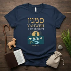 Navy blue t-shirt with "YAHWEH is my shepherd" in English and Hebrew, a shepherd with sheep graphic, and Psalm 23:1