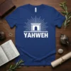 White YAHWEH text and outline of a temple with radiating lines on a royal blue t-shirt