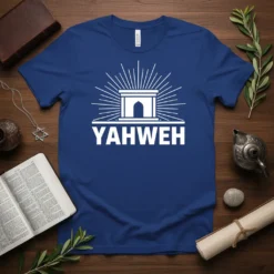 White YAHWEH text and outline of a temple with radiating lines on a royal blue t-shirt