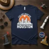 Navy blue t-shirt featuring the text "Y'All Ain't Ready For Houston" with a white skyline graphic and orange circle