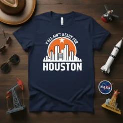 Navy blue t-shirt featuring the text "Y'All Ain't Ready For Houston" with a white skyline graphic and orange circle