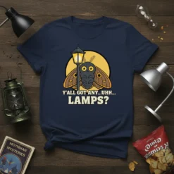 Y'ALL GOT ANY...UHH... LAMPS? text on a navy t-shirt with a cartoon moth near a lamppost