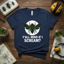 Cicada graphic with text "Y'all Mind If I Scream?" on a navy blue t-shirt, featuring red-eyed insect art