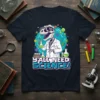 Y'All Need Science! t-shirt design with a skeleton T-Rex wearing glasses and a lab coat holding a beaker