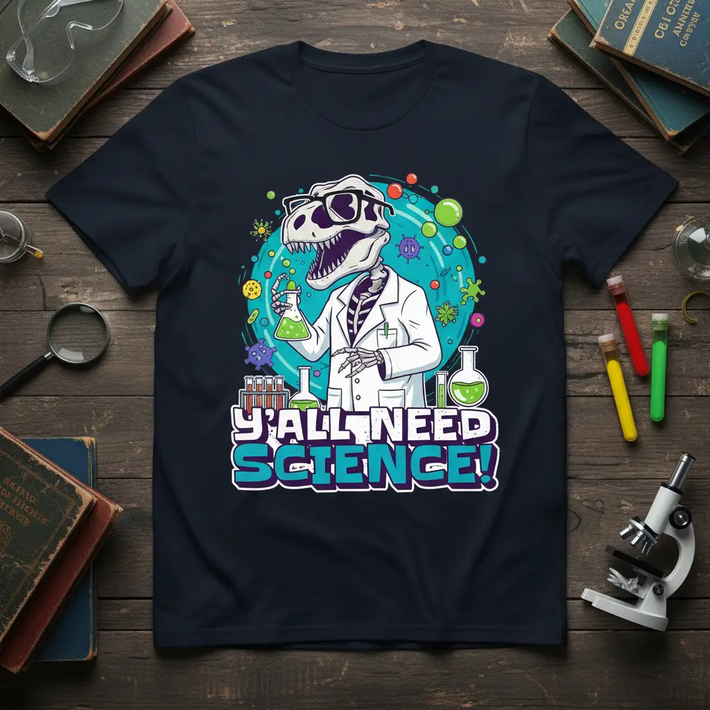 Y'All Need Science! humorous quote t-shirt design with a dinosaur scientist character and lab elements