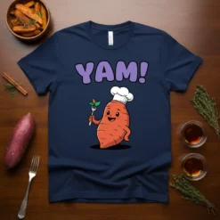 YAM! text with a cute cartoon yam wearing a chef hat and holding a fork with a leaf, on a
