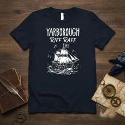 Yarborough Riff Raff text with pirate ship graphic on navy blue t-shirt