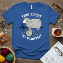 Yarn Addict My Heartbeat t-shirt design featuring a sheep made of yarn and knitting needles