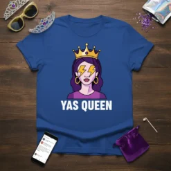 Yas Queen t-shirt design with a crowned woman graphic and lightning bolt eyes