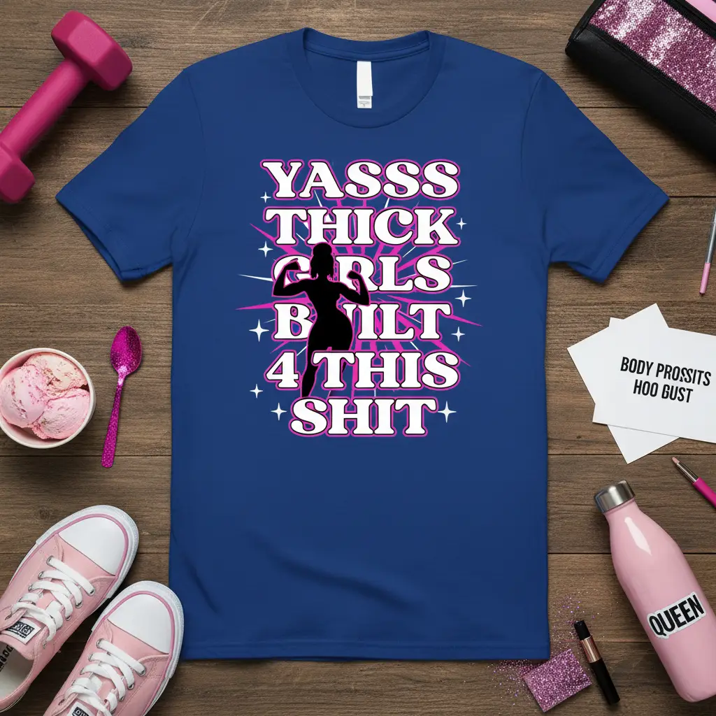 Empowering Yasss Thick Girls Built 4 This Shit quote with muscular woman silhouette and fitness graphics