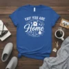 T-shirt with "YAY! YOU ARE Home" text and house graphic, white on blue