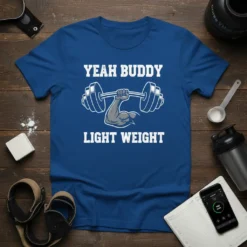 Yeah Buddy Light Weight T-Shirt featuring a muscular arm lifting a barbell, white text on a blue shirt, gym humor