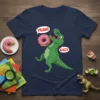 Yeah Easy Dinosaur Donut T-Shirt featuring a green cartoon T-Rex holding a pink frosted donut with sprinkles. Text bubbles say