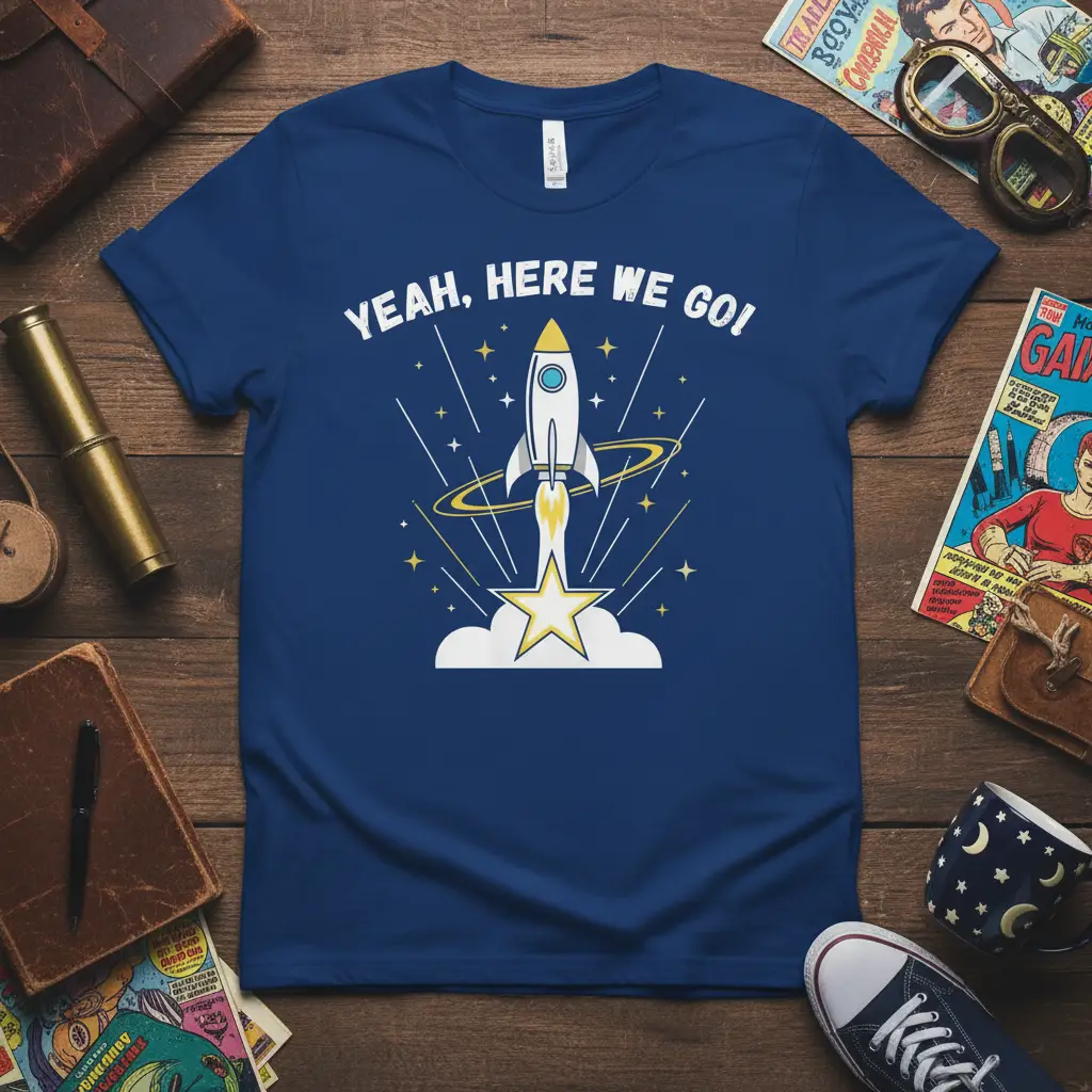 Yeah, Here We Go! quote above a rocket launch graphic on a navy blue t-shirt design