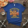 Funny bear character flexing with pizza and soda, text reads "YEAH I'M INTO FITNESS FIT'NESS WHOLE PIZZA IN MY MOUTH"