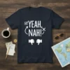 Yeah Nah t-shirt featuring white text with a checkmark and 'X' symbol, and thumbs down icons