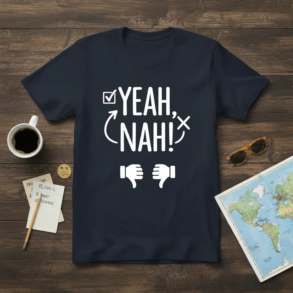 Yeah Nah Australian slang phrase t-shirt with checkmark, X, and thumbs down icons