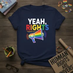 Navy blue t-shirt with "Yeah, Rights" in white and rainbow text, and a rainbow megaphone graphic