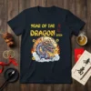 Year of the Dragon 2024 t-shirt design with a fierce blue dragon surrounded by flames and clouds. Text reads "YEAR